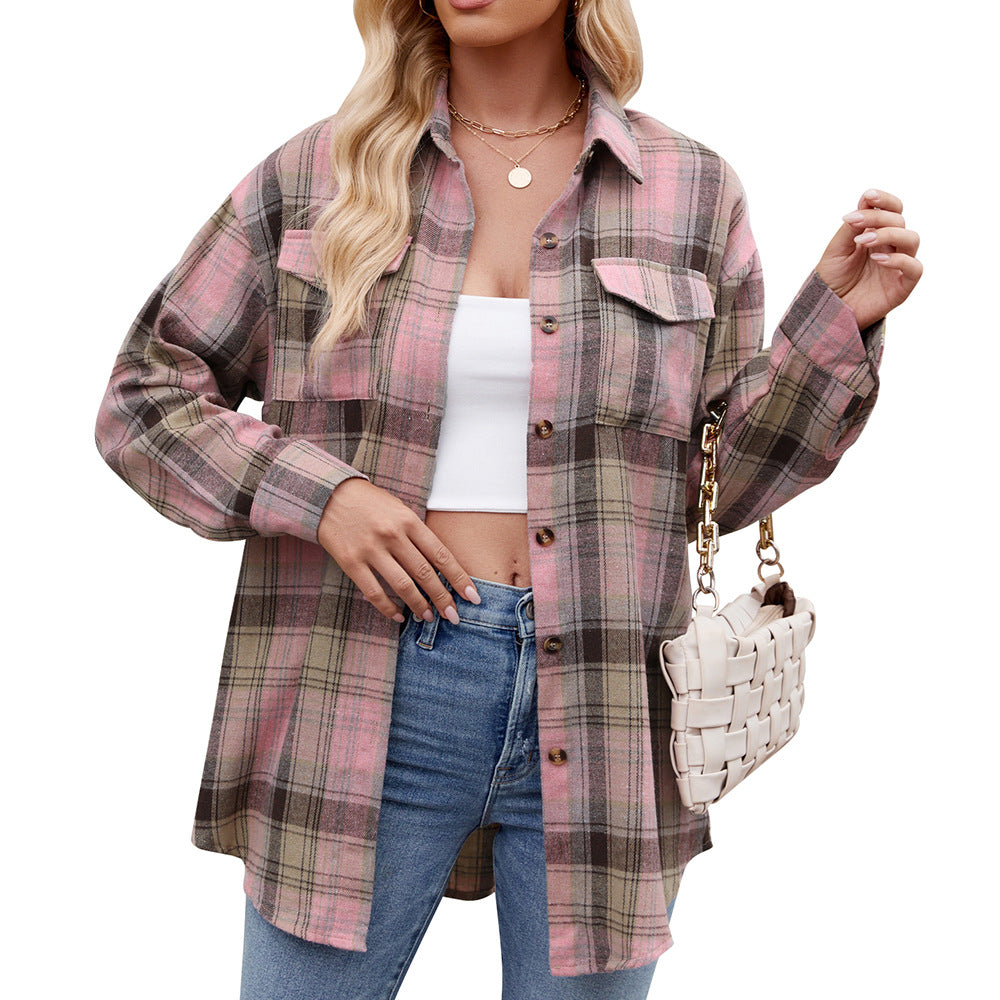 Women's Loose-Fitting Long Checked Shirt