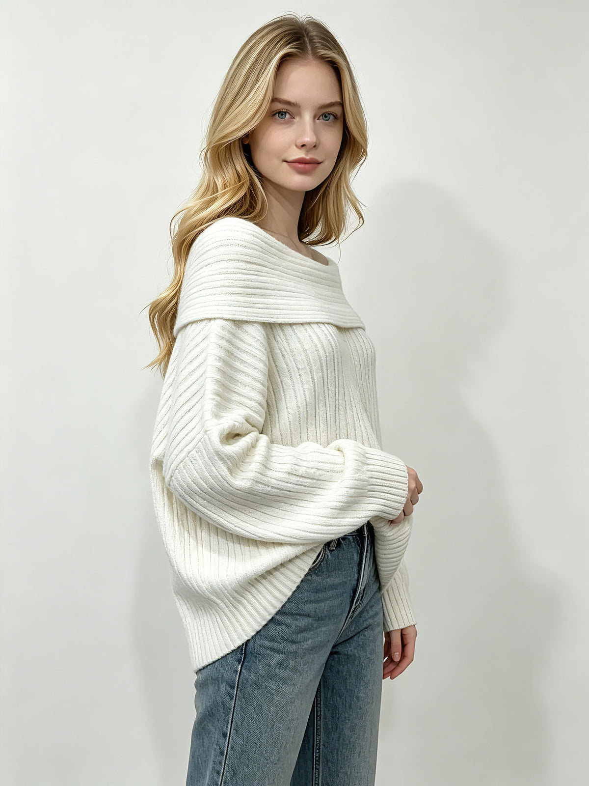 Women’s Off-Shoulder Fold-Over Ribbed Knit Sweater