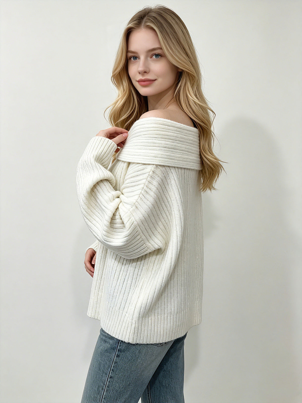 Women’s Off-Shoulder Fold-Over Ribbed Knit Sweater