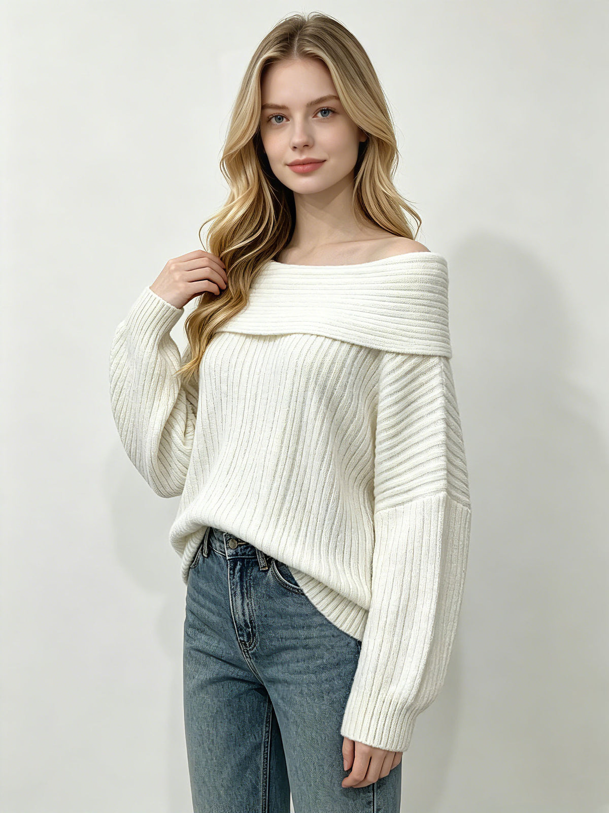 Women’s Off-Shoulder Fold-Over Ribbed Knit Sweater