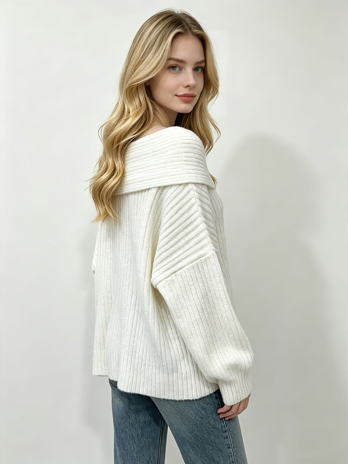 Women’s Off-Shoulder Fold-Over Ribbed Knit Sweater