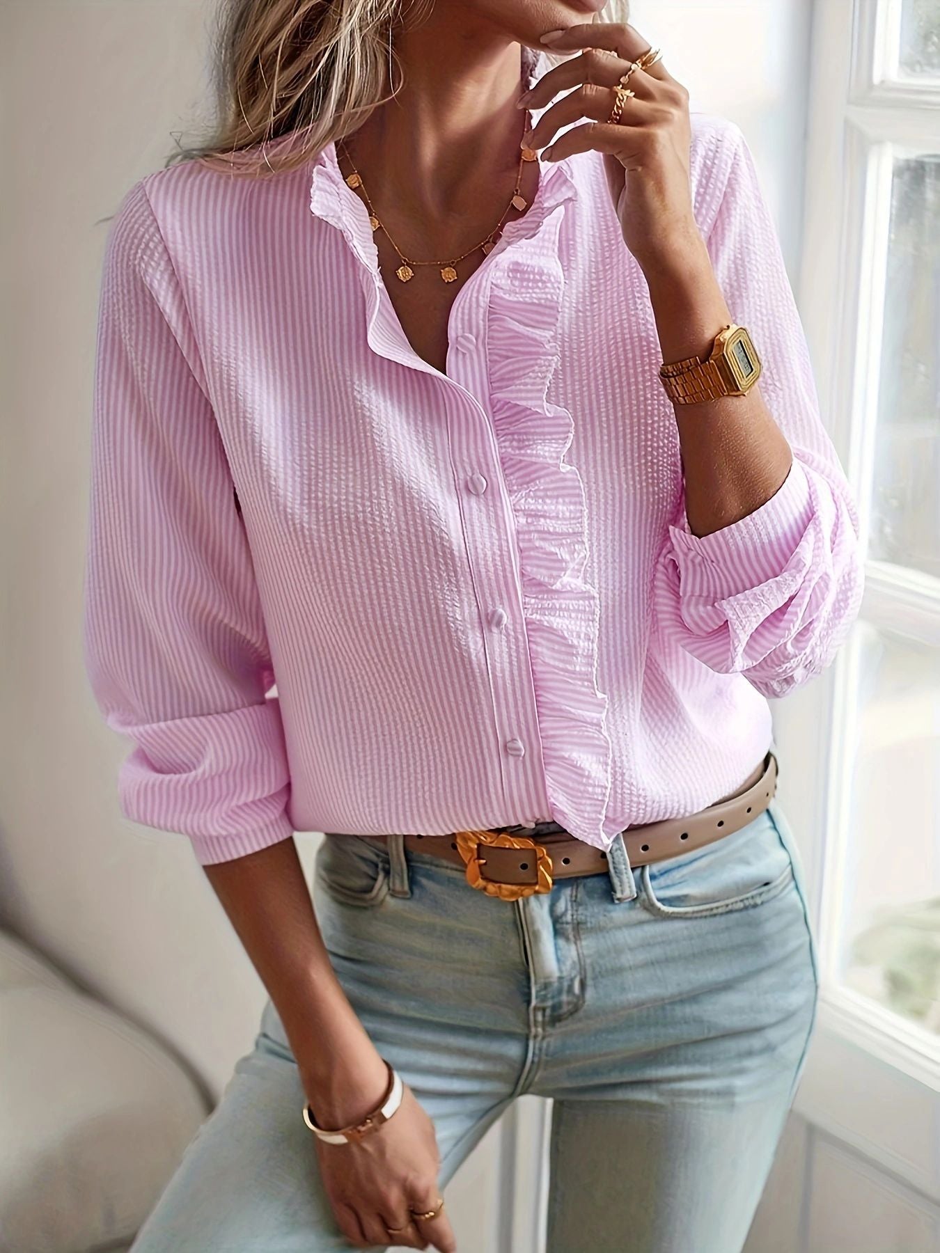 Women's Ruffle-Trim Stand-Collar Long-Sleeve Blouse