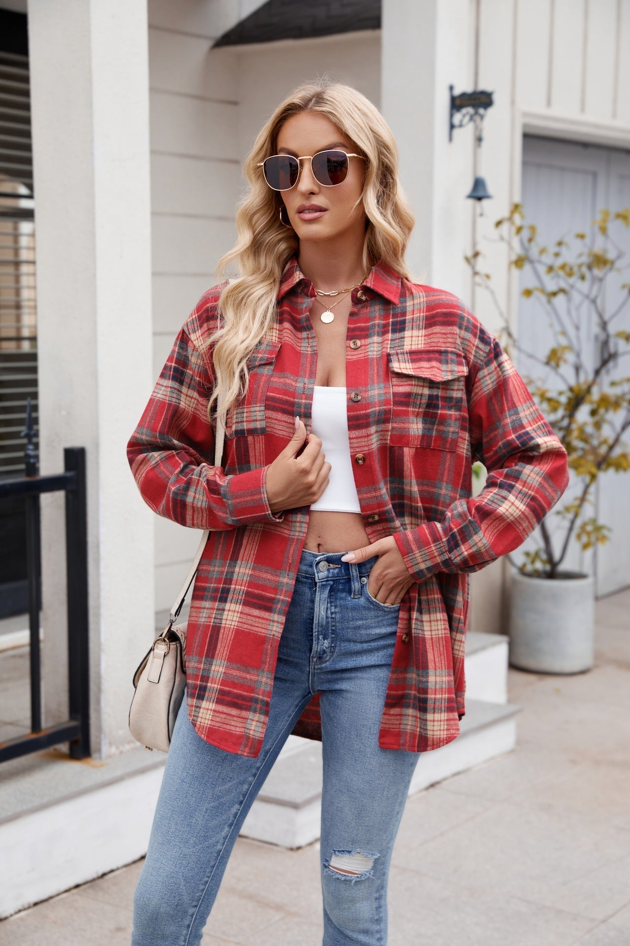 Women's Loose-Fitting Long Checked Shirt