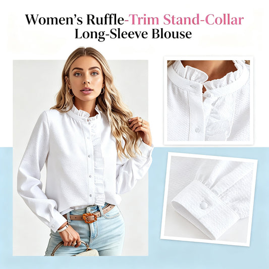 Women's Ruffle-Trim Stand-Collar Long-Sleeve Blouse