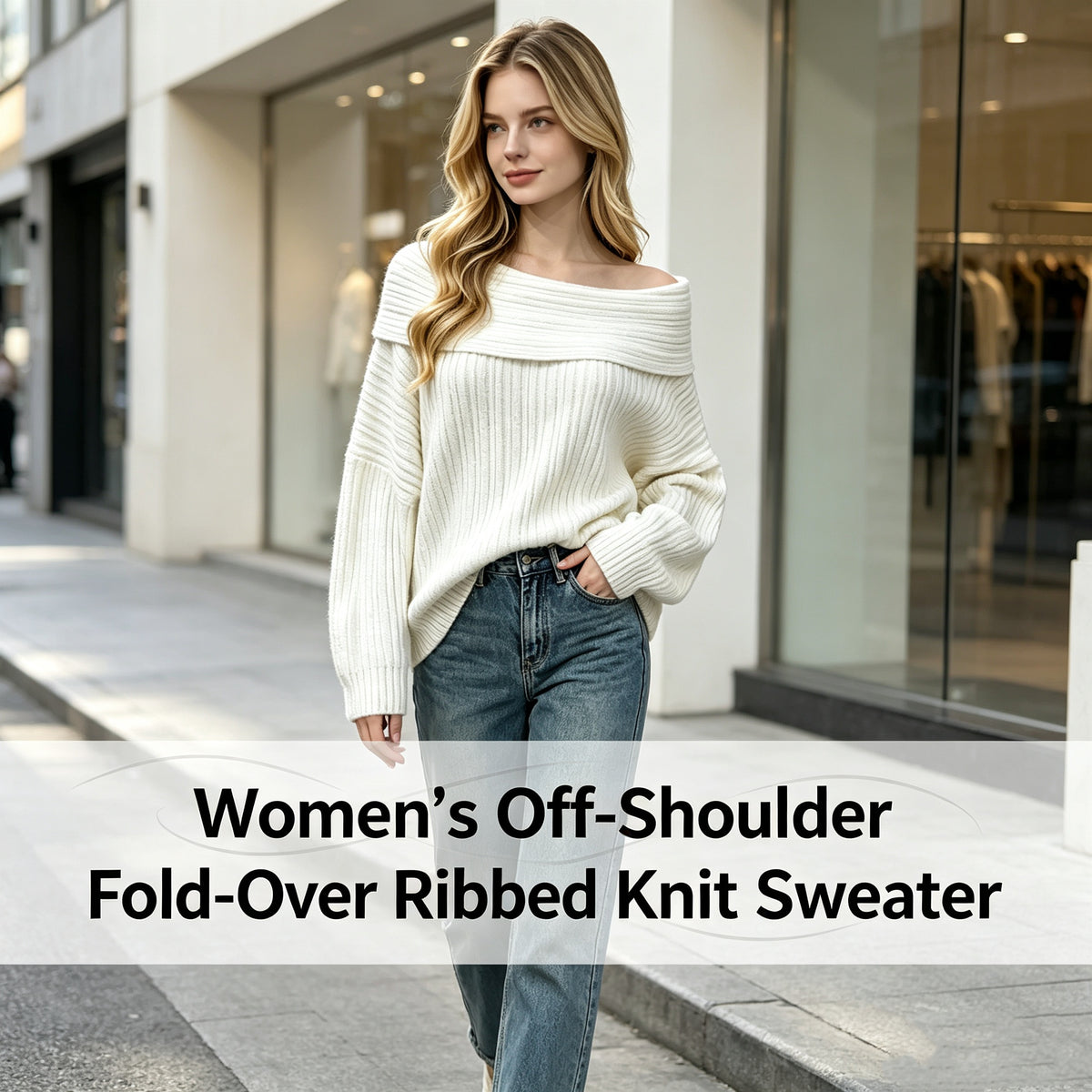 Women’s Off-Shoulder Fold-Over Ribbed Knit Sweater