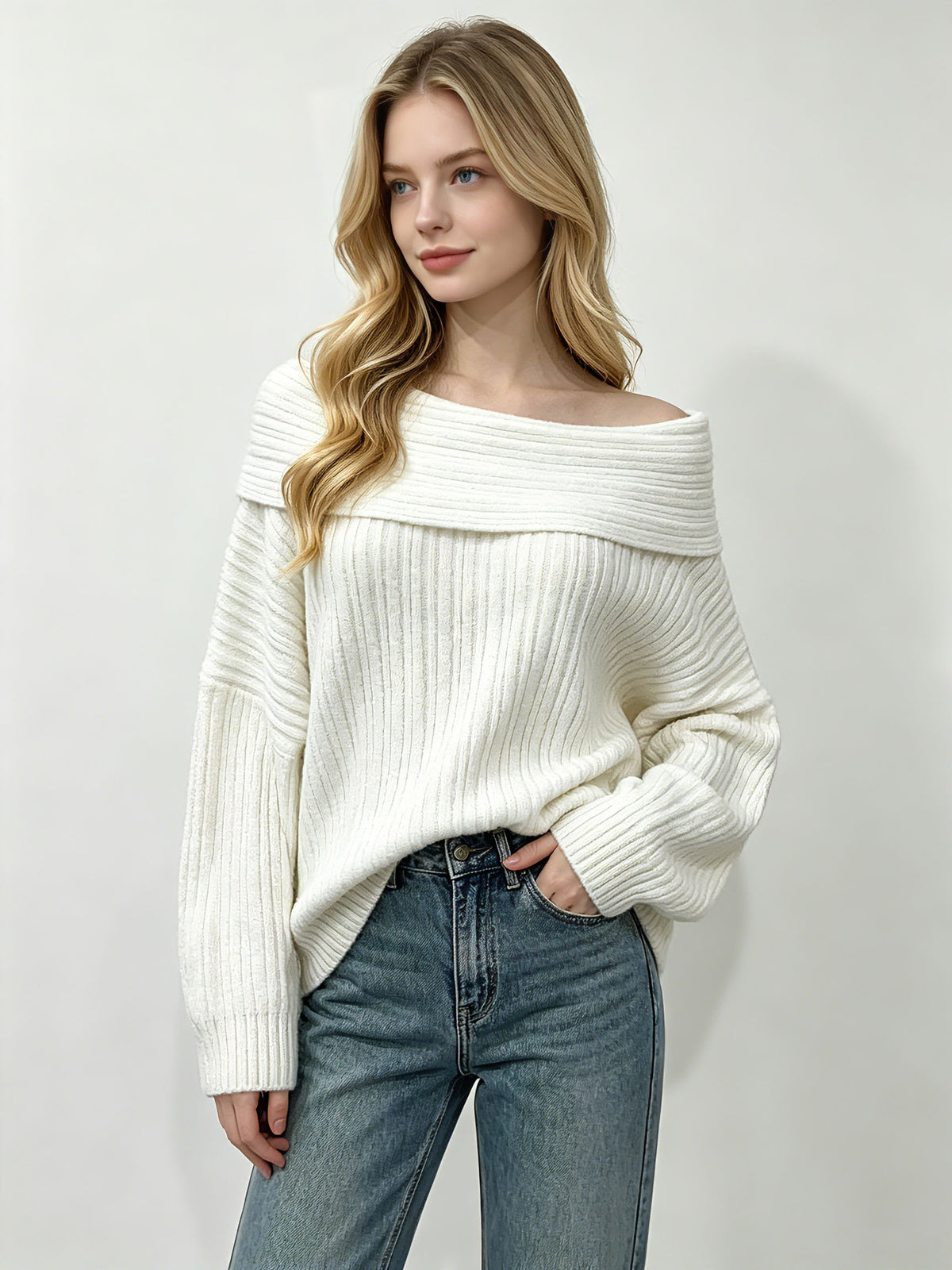 Women’s Off-Shoulder Fold-Over Ribbed Knit Sweater