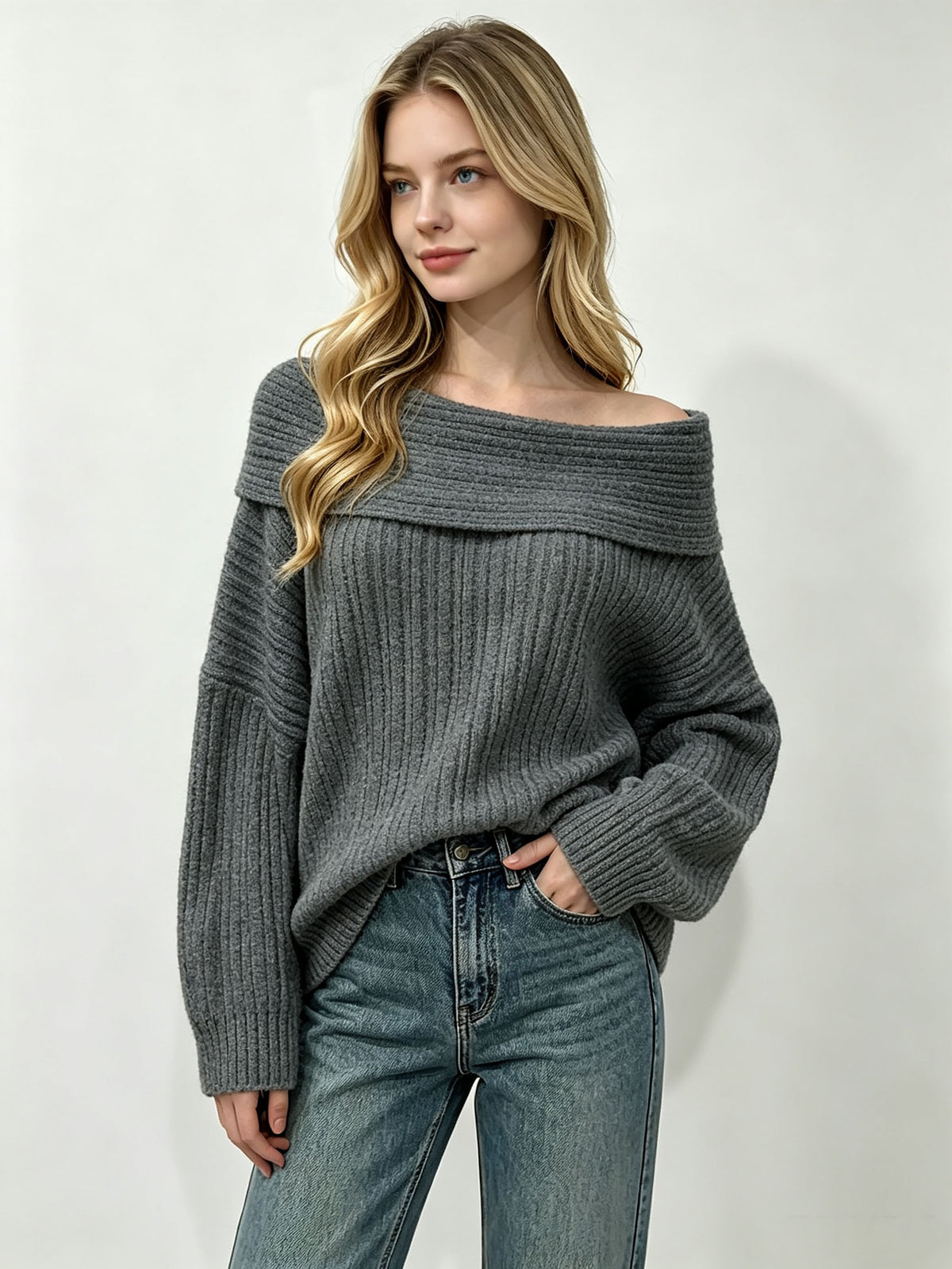 Women’s Off-Shoulder Fold-Over Ribbed Knit Sweater