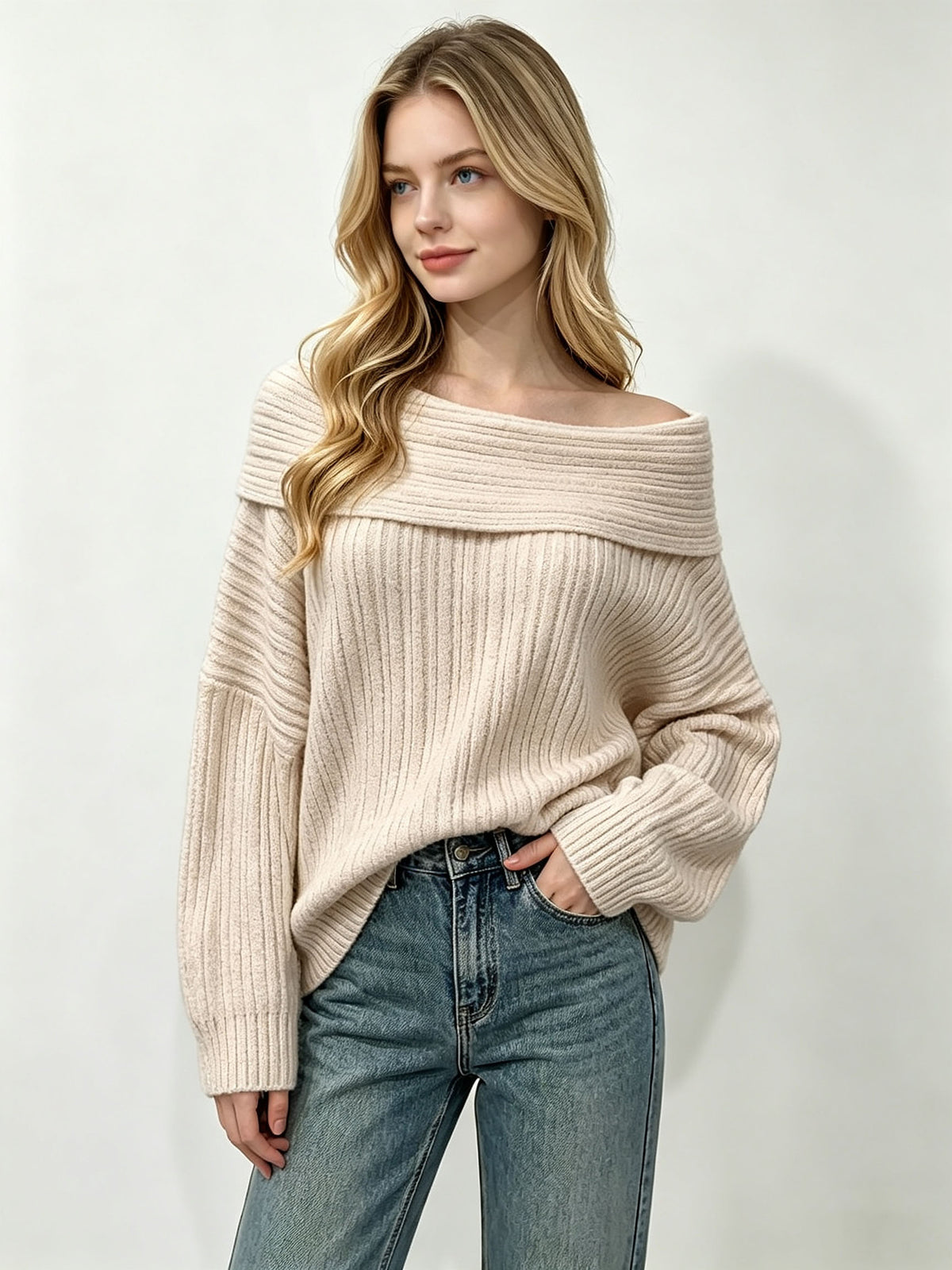 Women’s Off-Shoulder Fold-Over Ribbed Knit Sweater