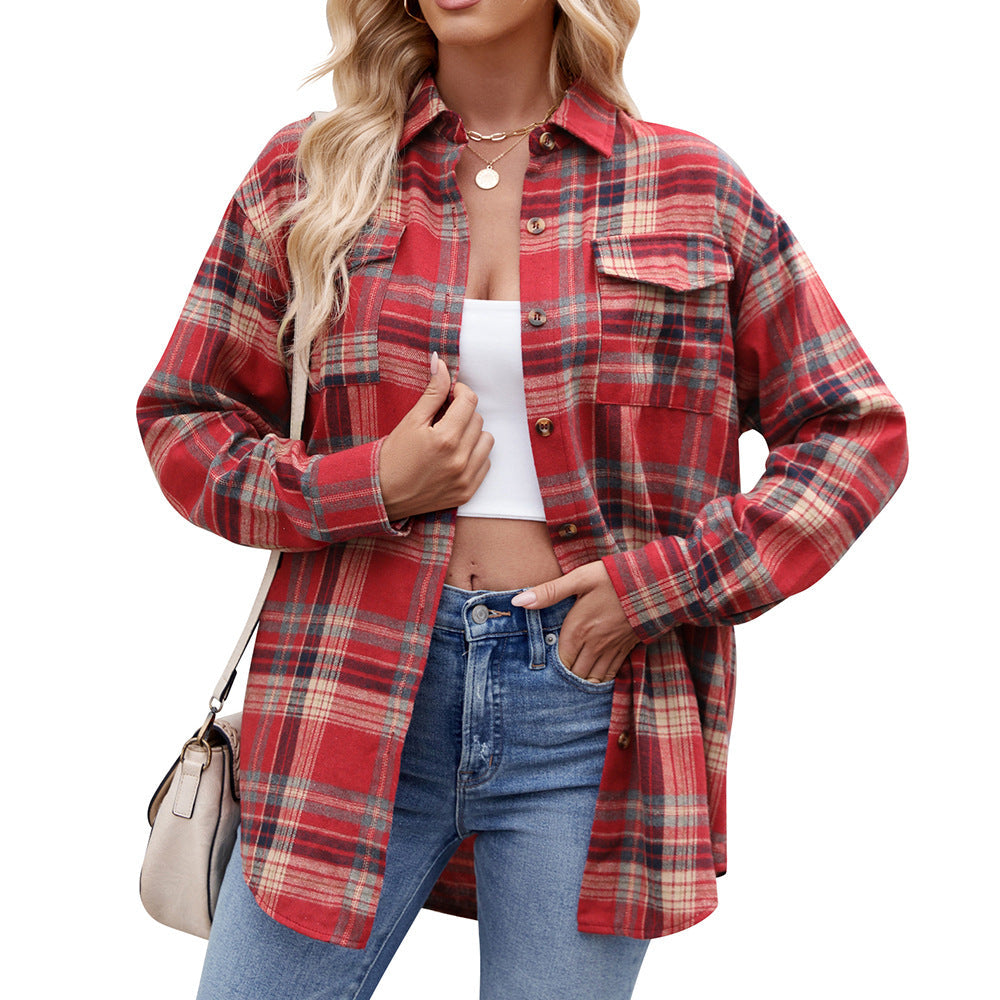 Women's Loose-Fitting Long Checked Shirt