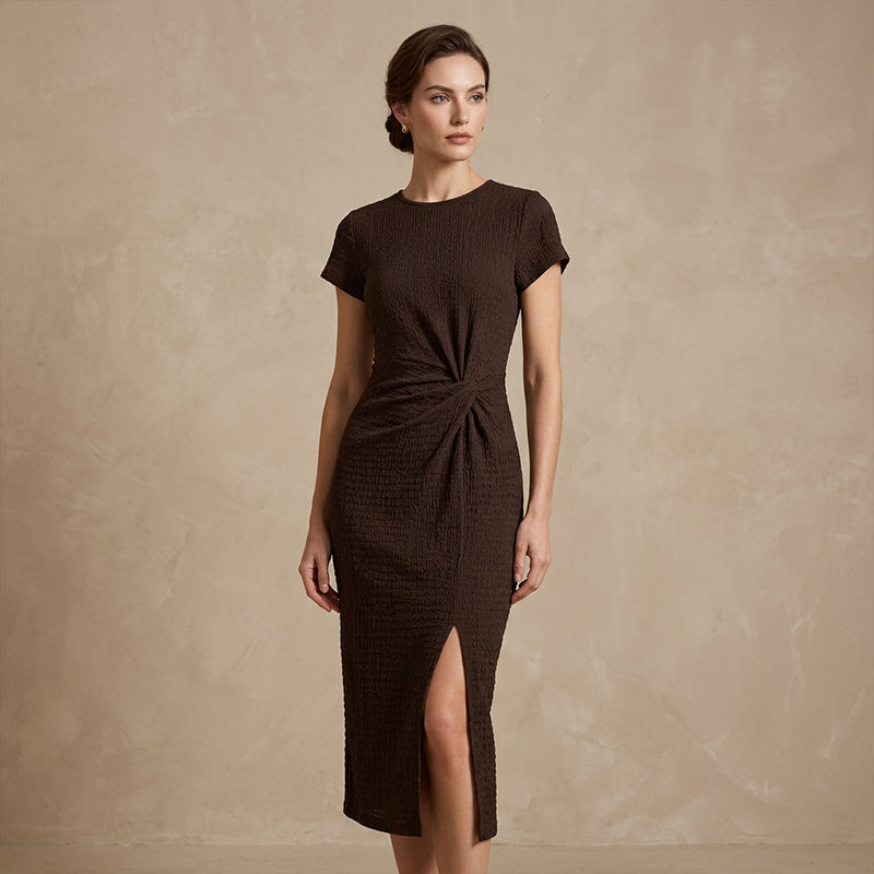 Elegant Twist-Front Waist-Cinching Slit Dress