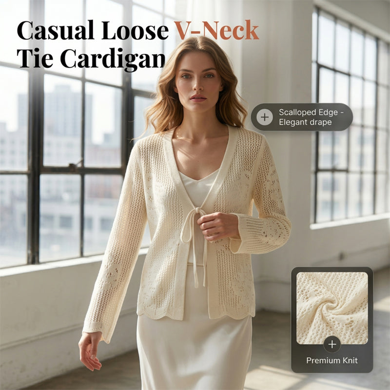 Casual Loose V-Neck Hollow-Out Tie Cardigan