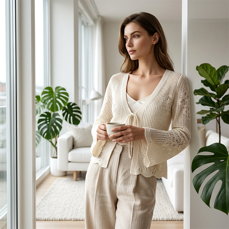 Casual Loose V-Neck Hollow-Out Tie Cardigan