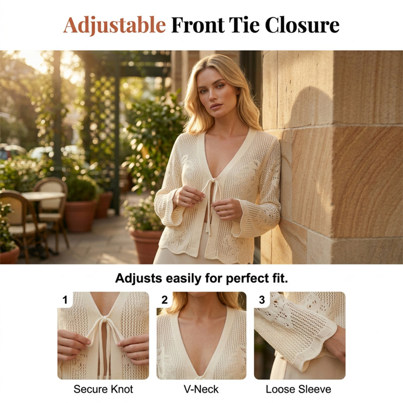 Casual Loose V-Neck Hollow-Out Tie Cardigan