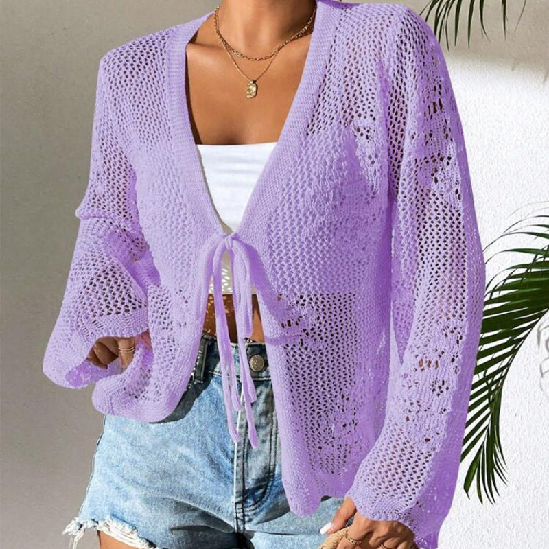 Casual Loose V-Neck Hollow-Out Tie Cardigan