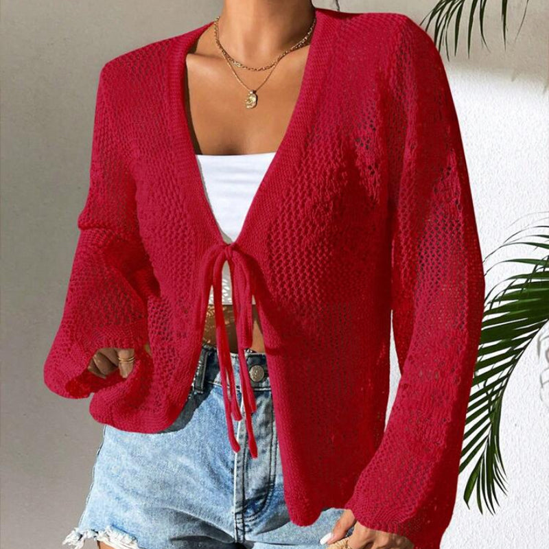 Casual Loose V-Neck Hollow-Out Tie Cardigan