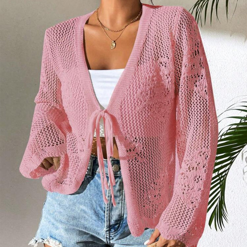 Casual Loose V-Neck Hollow-Out Tie Cardigan