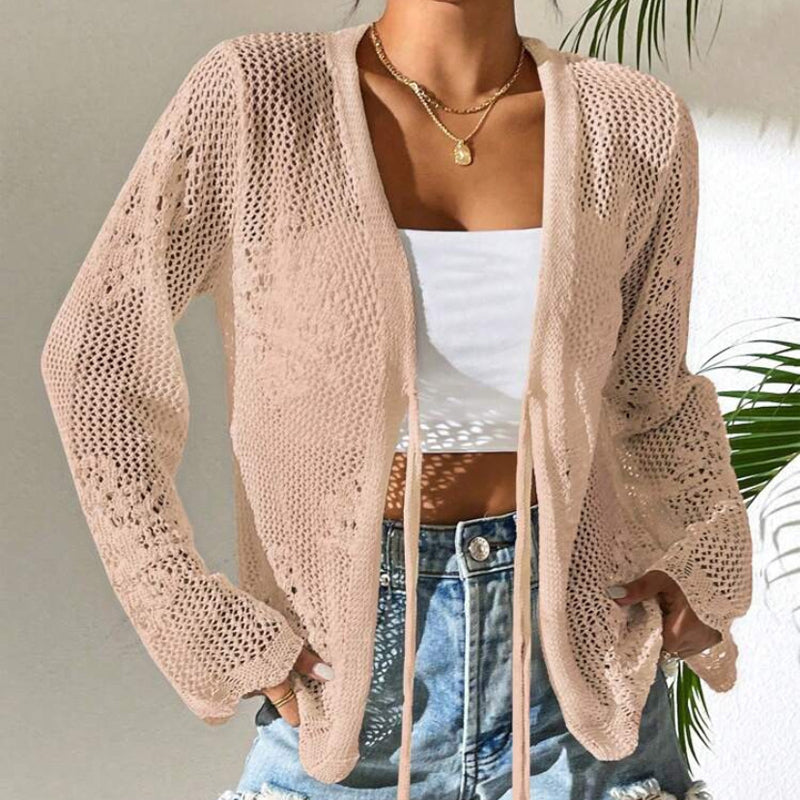 Casual Loose V-Neck Hollow-Out Tie Cardigan