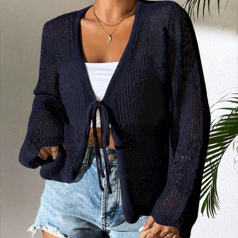 Casual Loose V-Neck Hollow-Out Tie Cardigan