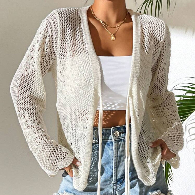 Casual Loose V-Neck Hollow-Out Tie Cardigan